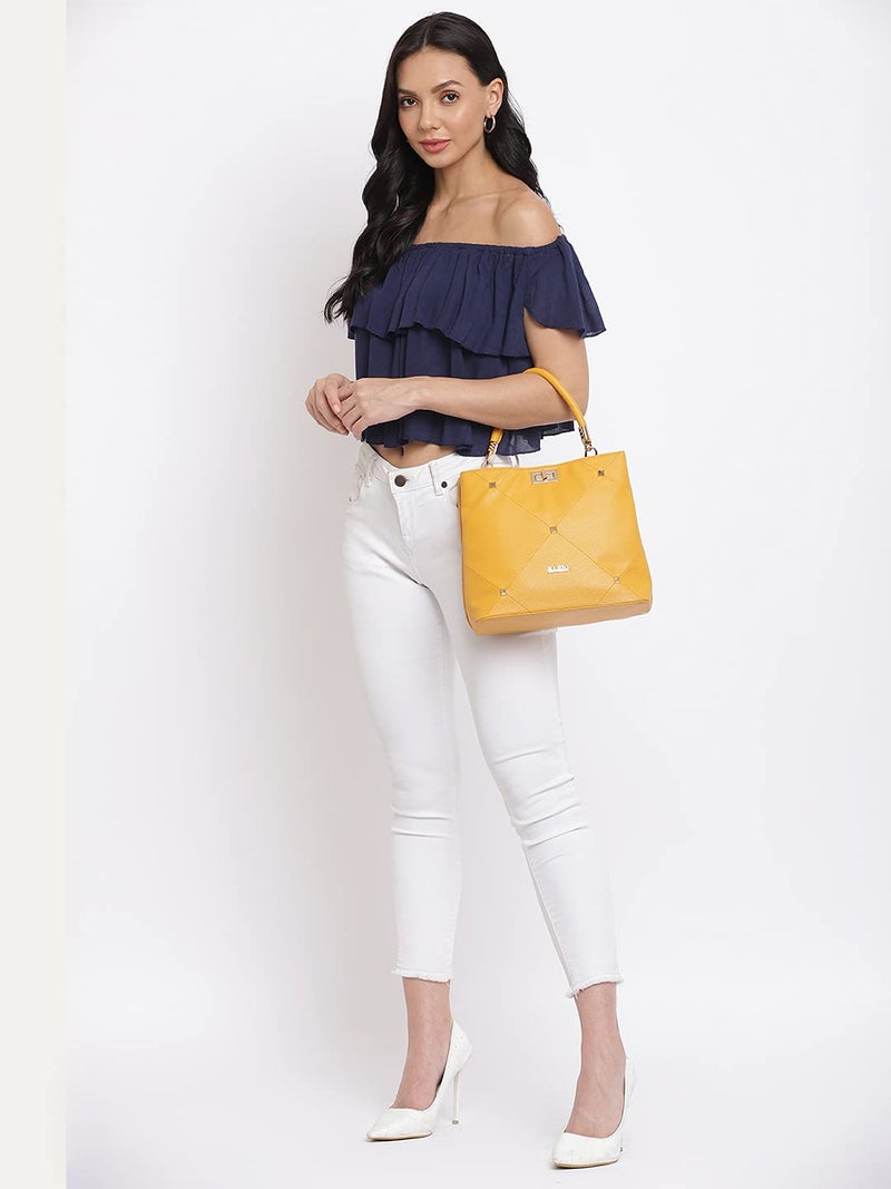 KLEIO Gold Studded Top Handle Handbag for Women - Mustard - Image 2